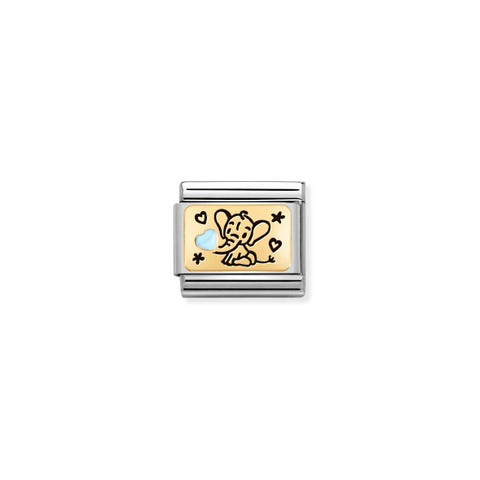 Composable Link, Light Blue Elephant Link with newborn symbol in 18K gold and Light Blue enamel