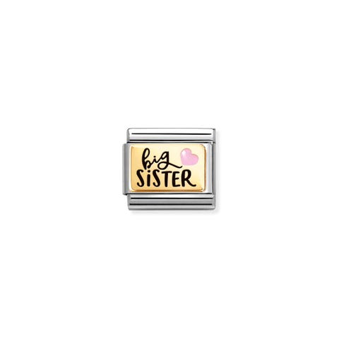 Composable Classic Link, BIG SISTER Stainless steel Link with gold and text with coloured enamel