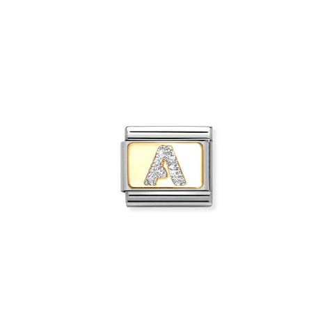 Composable Classic Link, Letter A, Silver Glitter Link with letter in stainless steel and 18K yellow gold