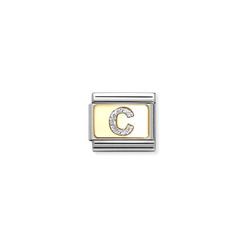 Link Composable Classic letra C Glitter Plata Link en Acero con Letra alfabeto en Oro amarillo y Glitter