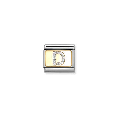Composable Classic Link, Letter D, Silver Glitter Link with Letter D in yellow gold with glitter