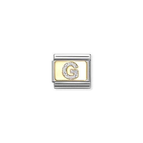 Link Composable Classic lettre G glitter argent Link avec plaque en or jaune et lettre glitter