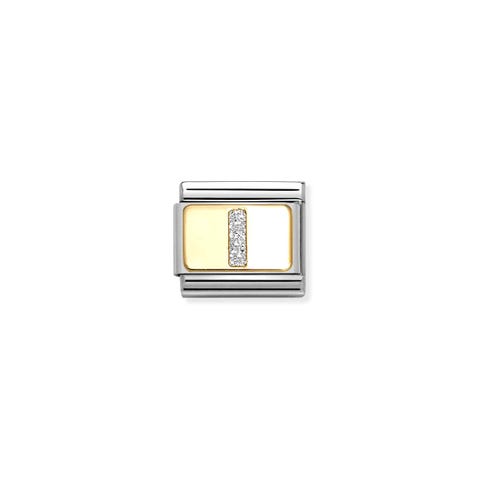 Composable Classic Link, Letter I, Silver Glitter Stainless steel Link with Letter I and yellow gold details