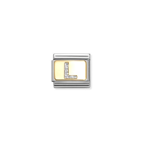 Composable Classic Link, Letter L, Silver Glitter Link with Letter L in stainless steel and 18K gold