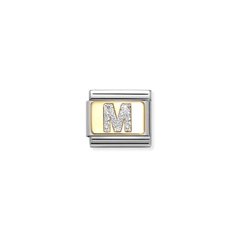 Link Composable Classic letra M Glitter Plata Link en Acero con Letra alfabeto en Oro amarillo y Glitter
