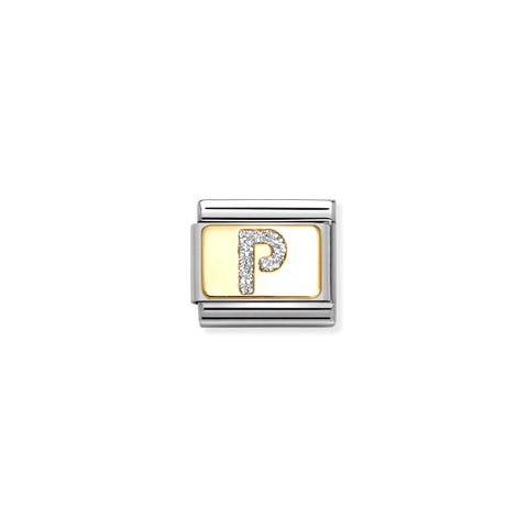 Composable Classic Link, Letter P, Silver Glitter Stainless steel Link with gold plate and glitter Letter