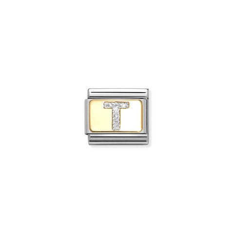 Composable Classic Link, Letter T, Silver Glitter Stainless steel Link and 18K gold with silver glitter