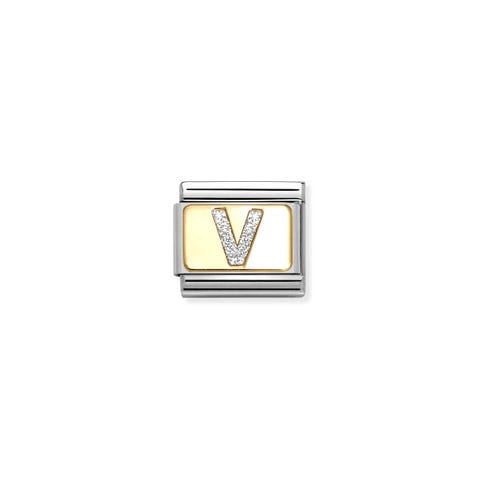 Link Composable Classic lettre V glitter argent Link en acier avec lettre V et détails en or jaune