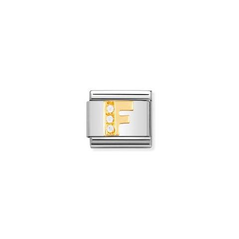 Link Composable Classic Lettera F in Oro e Pietre Link con lettera alfabetica in Acciaio e Cubic Zirconia