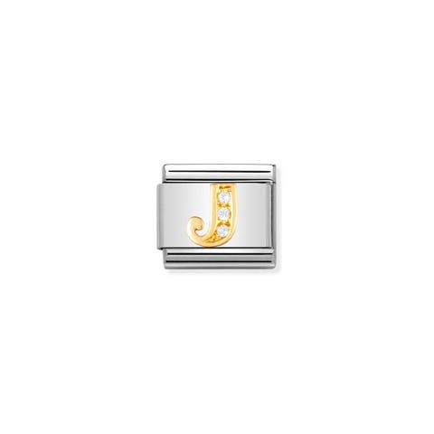Composable Classic Link Letter J with Stones Alphabet Link in bonded yellow gold and Cubic Zirconia