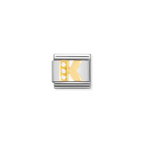 Link Composable Classic Lettera K in Oro e Pietre Lettera in Oro 750, Acciaio e Cubic Zirconia