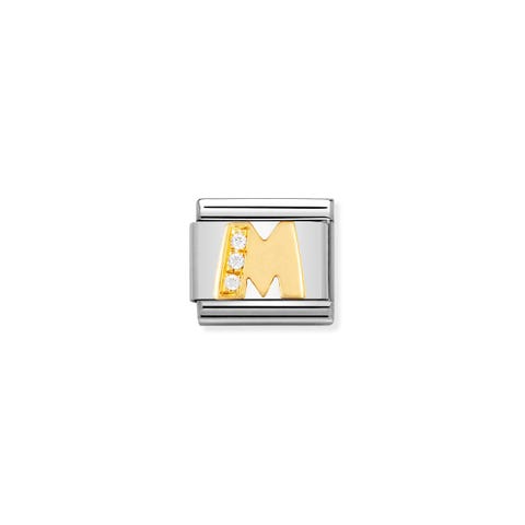 Composable Classic Link Letter M with Stones Alphabet Link in bonded yellow gold and Cubic Zirconia