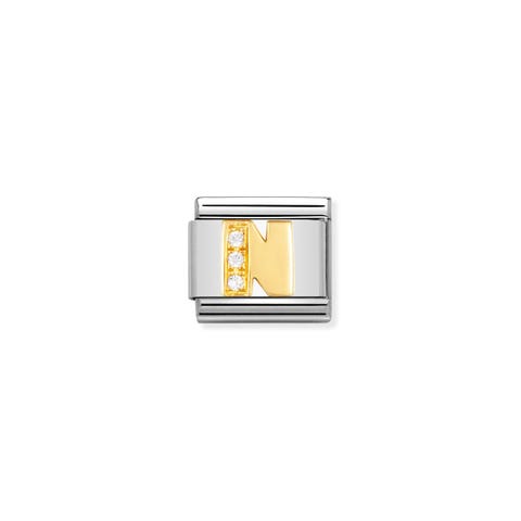 Link Composable Classic Lettera N in Oro e Pietre Link con alfabeto in Acciaio e Cubic Zirconia