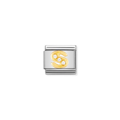 Link Composable Classic Lettera S in Oro e Pietre Lettera dell'alfabeto in Acciaio e Zirconi