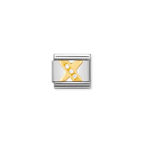 Link Composable Classic Lettera X in Oro e Pietre Link alfabetico con lettera in Acciaio e Zirconi