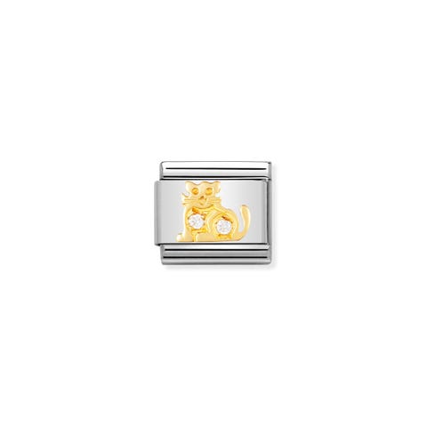Composable Classic Link Katze mit weißen Steinen Link Edelstahl, 750er Gelbgold, Cubic Zirkonia Haustier