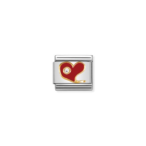 Composable Classic Link red Heart with Enamel and Stone Link in bonded yellow gold, Cubic Zirconia and enamel with red Heart