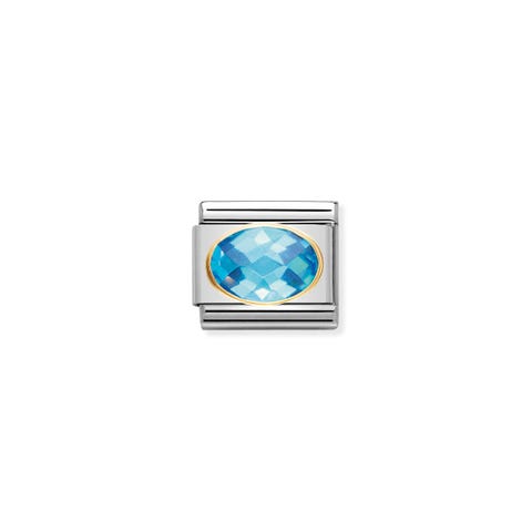 Composable Classic Link with light blue and faceted Stones Link in bonded yellow gold and oval Cubic Zirconia