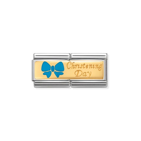 Composable Classic Light Blue Christening Double Link Link with engraving and light blue Bow