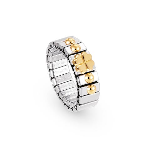 Stretch Ring with Gold Four-Leaf Clover Ring in stainless steel and 18K gold symbols