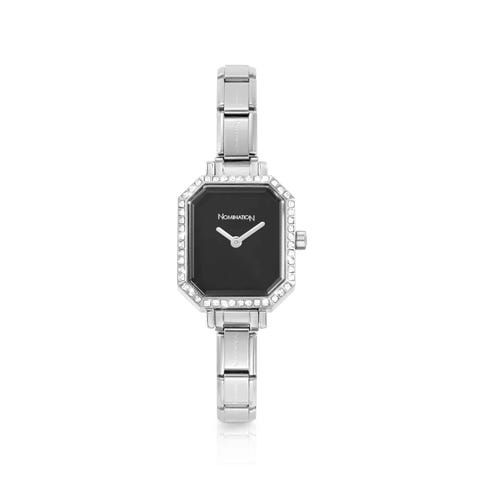 Composable Armbanduhr Paris mit schwarzem Stein Armbanduhr in Edelstahl mit weißen Cubic Zirkonia