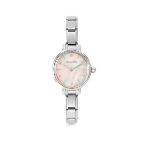 Time Watch, Oval Pink Mother of Pearl Oval watch to personalise with Composable Links, Mother of Pearl and brass dial