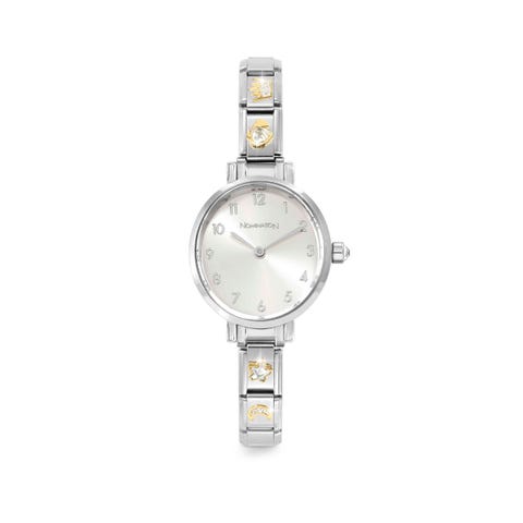 Time Watch, Oval Sunray Silver Dial, 4 Decorated Links on strap Watch to personalise with bonded yellow gold Composable Links