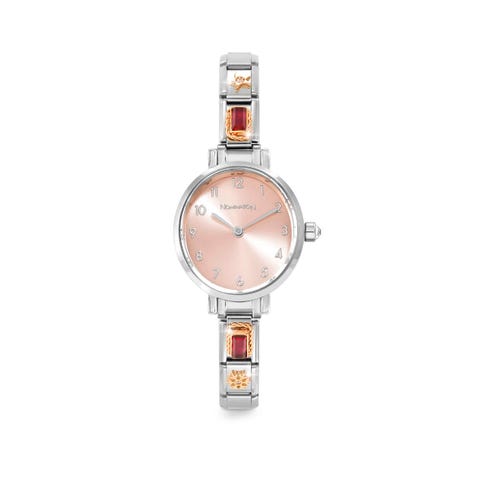 Time Watch, Oval Sunray Pink Dial, 4 Decorated Links on strap Watch to personalise with bonded rose gold Composable Links and stones