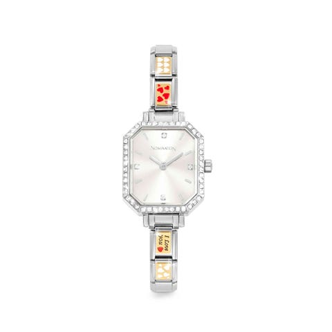 Paris Time Watch, Sunray Silver Dial with white CZ, 4 Decorated Links on strap Watch to personalise with bonded yellow gold Composable Links and CZ