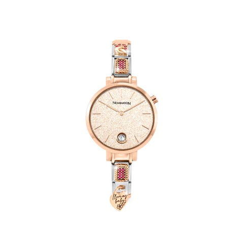 Time Watch, Pink Glitter Dial, 4 Decorated Links on strap Watch to personalise with bonded rose gold Composable Links and CZ