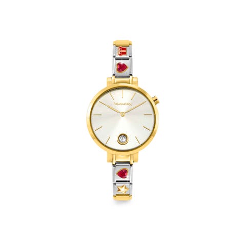 Time Collection Round Golden Watch, Silver colour dial, watch strap with 4 Decorated Links Time Watch, with Round dial and white CZ, can be personalised