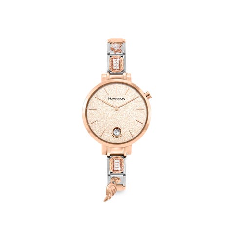 Time Collection Round Rose Watch, Pink Glitter dial, watch strap with 4 Decorated Links Time Watch, Round Glitter Dial, can be personalised