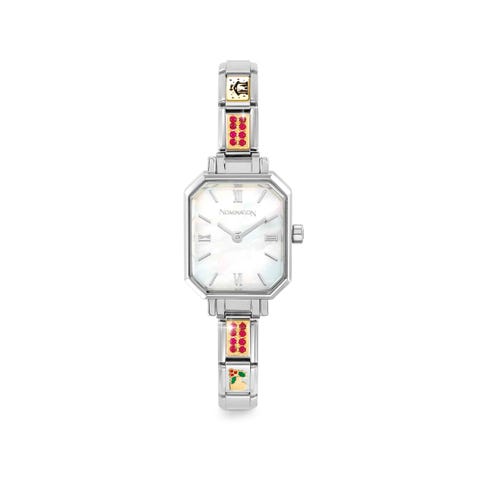 Time Armbanduhr Ziffernblatt Perlmutt mit 4 verzierten Links an Armband Composable Armbanduhr personalisierbar mit verzierten Links in 750er Gelbgold
