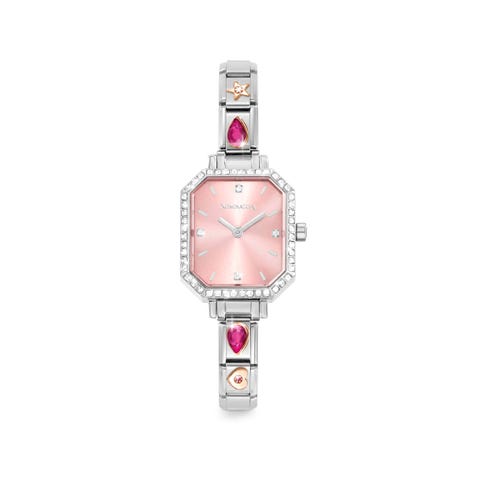 Time Collection Hexagonal Watch, Sunray Pink dial with CZ, watch strap with 4 Decorated Links Time Watch with bonded rosegold Decorated Links, can be personalised