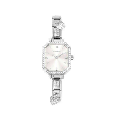 Time Collection Hexagonal Watch, Sunray Silver dial with CZ, watch strap with 4 Decorated Links Time Watch with sterling silver Decorated Links, can be personalised