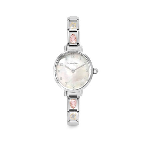 Time Armbanduhr Ziffernblatt Oval Perlmutt und 4 verzierte Links an Armband Composable Armbanduhr personalisierbar mit Symbol Mix