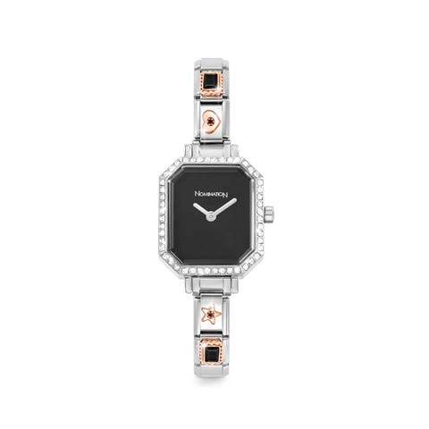 Montre Time cadran noir et pierres avec 4 links décorés sur le bracelet Montre Composable personnalisable avec symboles de la gamme Classic 
