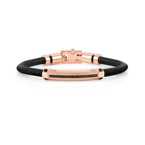 Gentleman Leather and Rose Gold Bracelet Bracelet with 8 white diamonds