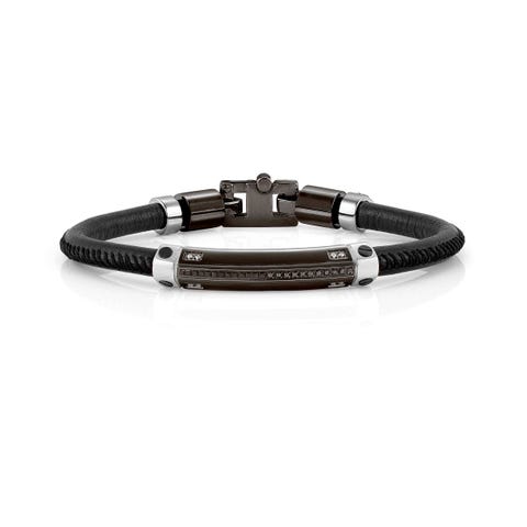 Gentleman Leather and Black Plaque Bracelet Bracelet in stainless steel with black finishing