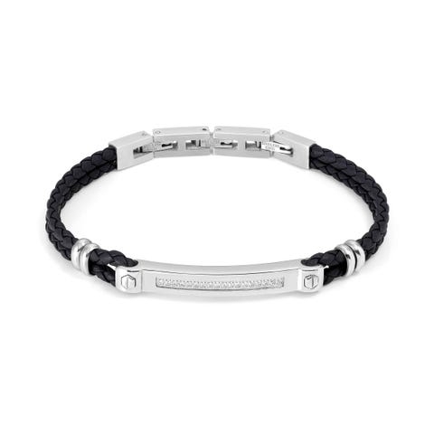 ManVision bracelet in black synthetic leather Bracelet with stainless steel plate and Cubic Zirconia