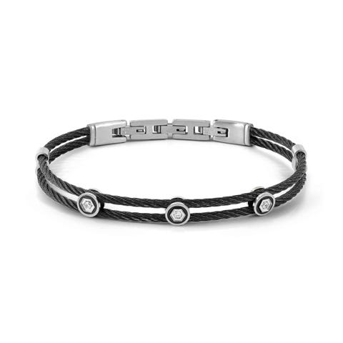 SeaLover bracelet, 3 white CZ Stainless steel bracelet, satin finish, Black PVD details and CZ