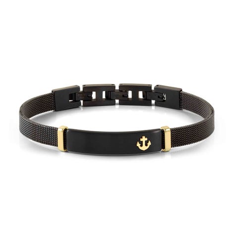 SeaLover bracelet, Plate with Anchor Satin finish stainless steel bracelet, Black mesh strap, Yellow or Black PVD details