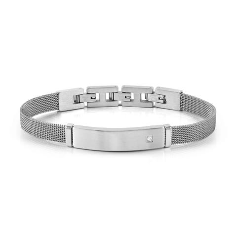 SeaLover bracelet, Plate with CZ Satin finish stainless steel bracelet with mesh strap, 5 CZ in white or black
