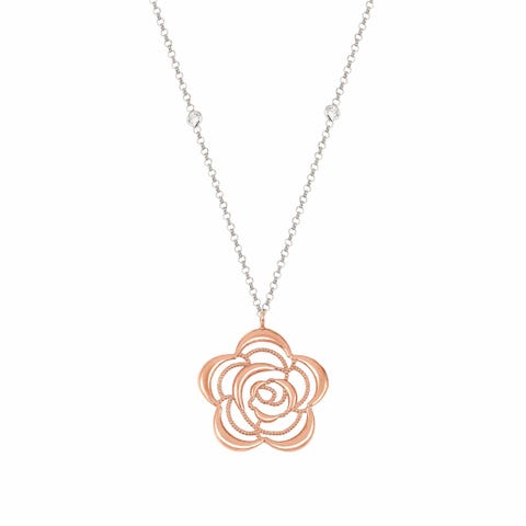 Collier long Primavera avec Fleur Collier avec Pendentif en Or Rose et Cubic Zirconia