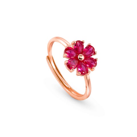 Sweetrock Nature Ed Flower ring, rose gold Sterling silver ring with red Cubic Zirconia