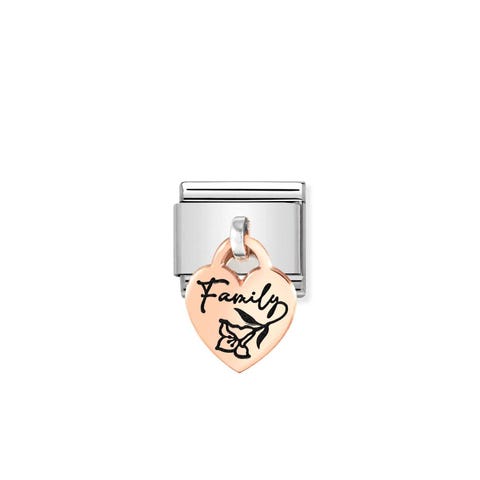 Link Composable Classic Pendentif Coeur Family Link avec Inscription en Acier et Pendentif en Or Rose 375