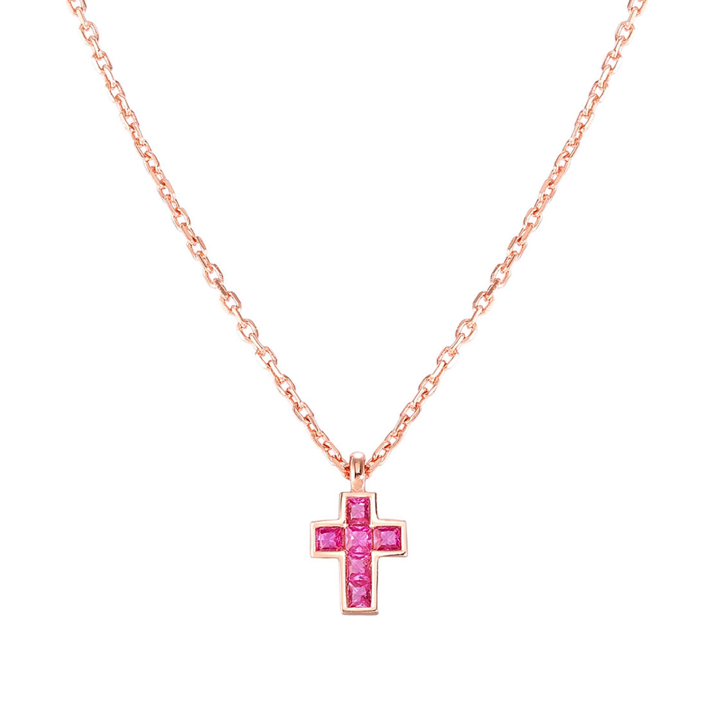 Nomination Collana Carismatica Croce piccola in Oro rosa e Pietre Fucsia
