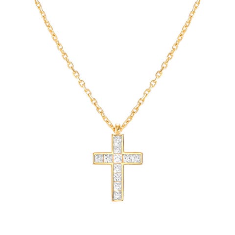 Carismatica yellow gold necklace, Cross White CZ Sterling silver necklace with  yellow gold treated finish