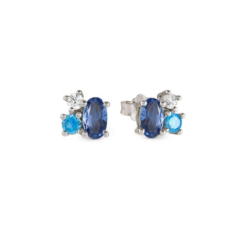 Mosaica earrings, 3 coloured CZ Earrings available with white rhodium treated finish, yellow gold plated finish or rose gold plated finish with stones