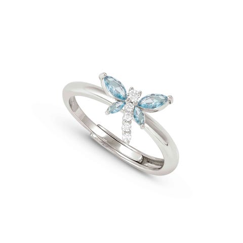 Shine Me Up ring, Blue Dragonfly Adjustable silver ring with Cubic Zirconia details